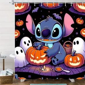DISNEY CLASSIC Lilo & Stitch Halloween Shower Curtain, Polyester, Cute Pumpkin Design, Perfect for Bathroom Decor, Bathroom Decor, Durable Shower Curtain, Halloween Decorations