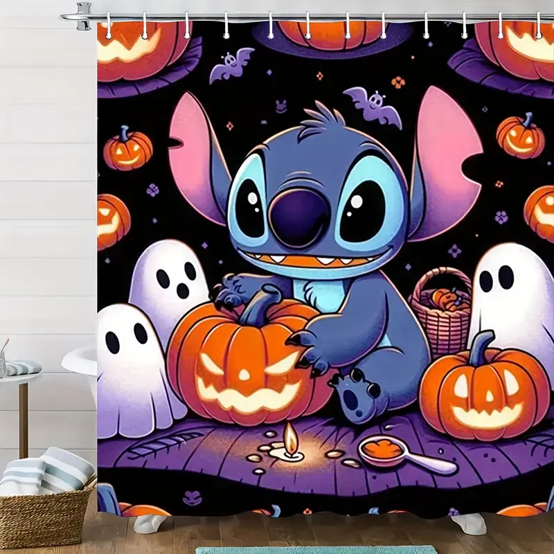 DISNEY CLASSIC Lilo & Stitch Halloween Shower Curtain, Polyester, Cute Pumpkin Design, Perfect for Bathroom Decor, Bathroom Decor, Durable Shower Curtain, Halloween Decorations