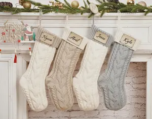 Custom Christmas Knitted Stockings Personalized Stocking With Leather Patch 2024 Christmas Stockings With Name Family Christmas Stockings