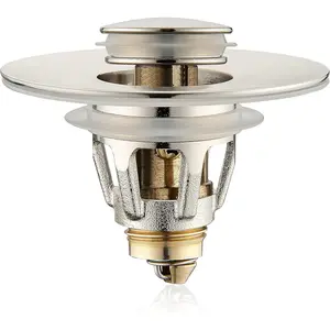 Universal Bathroom Sink Stopper Bounce Brushed Nickel Pop Up Push Type Drain Plug with Anti-Clogging Strainer for 1.1-1.5 inch