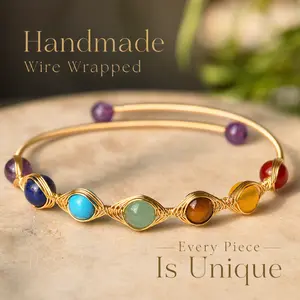 7 Chakra Wire Wrapped Bangle Bracelet – 14K Gold Plated Crystal Cuff, Adjustable Boho Healing Jewelry Gift for Women