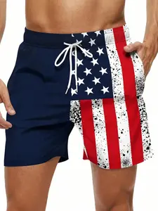 Men's American Flag Pattern Beach Shorts, Summer Quick-Dry Casual Shorts, Fashionable Trendy Men's Swimwear, Drawstring Waist, Fitted Style