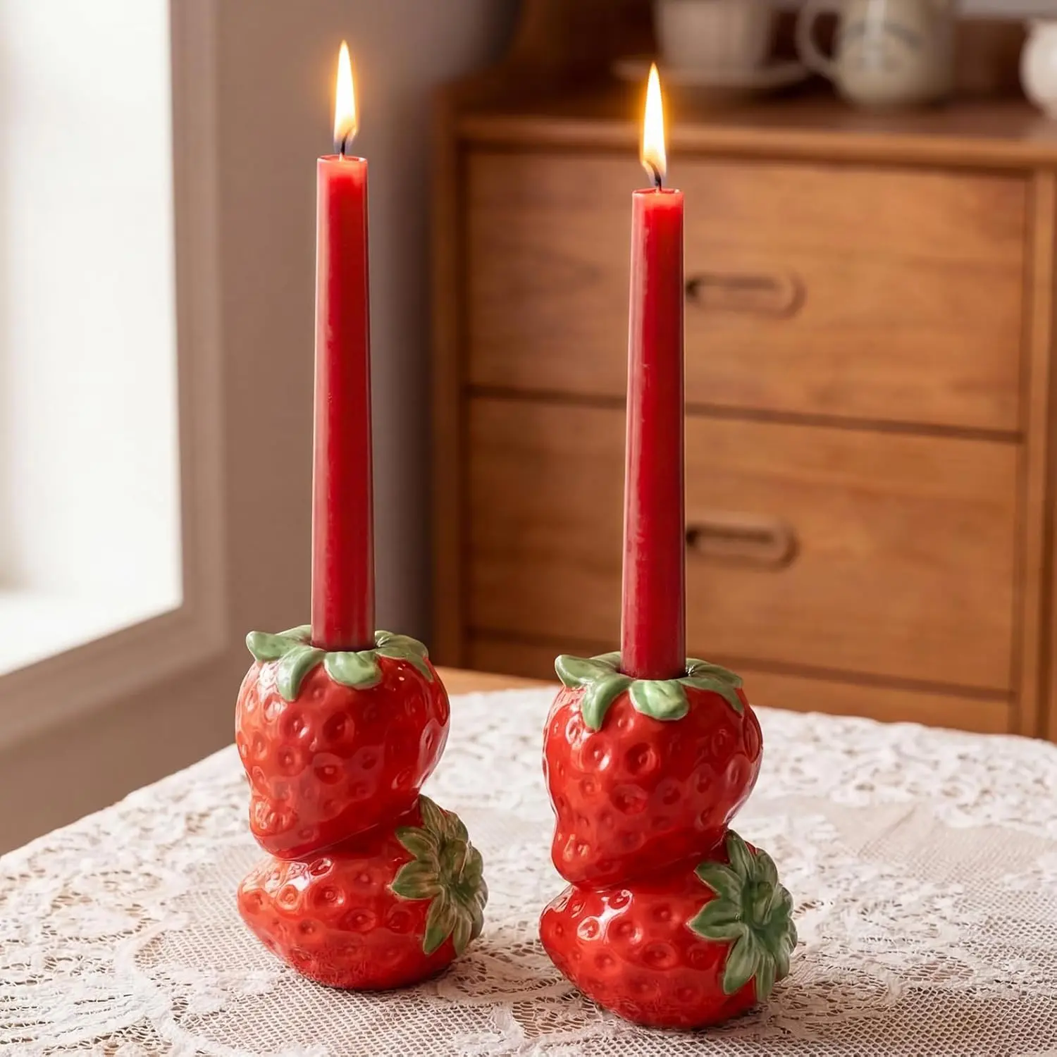 2-Piece Ceramic Strawberry Taper Candle Holders, Decorative Tabletop Centerpieces for Home Summer Parties, Gift for Birthday Wedding Bridal Shower, Two Pieces, 4X2.76x5.28"