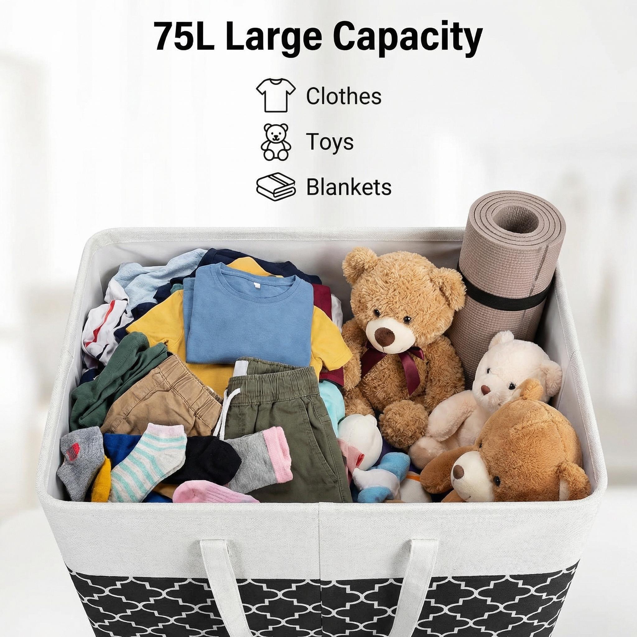 Laundry basket, laundry basket with long handle, foldable waterproof clothing basket, tall laundry bin, for bedroom, bathroom, dorm, 75L, black
