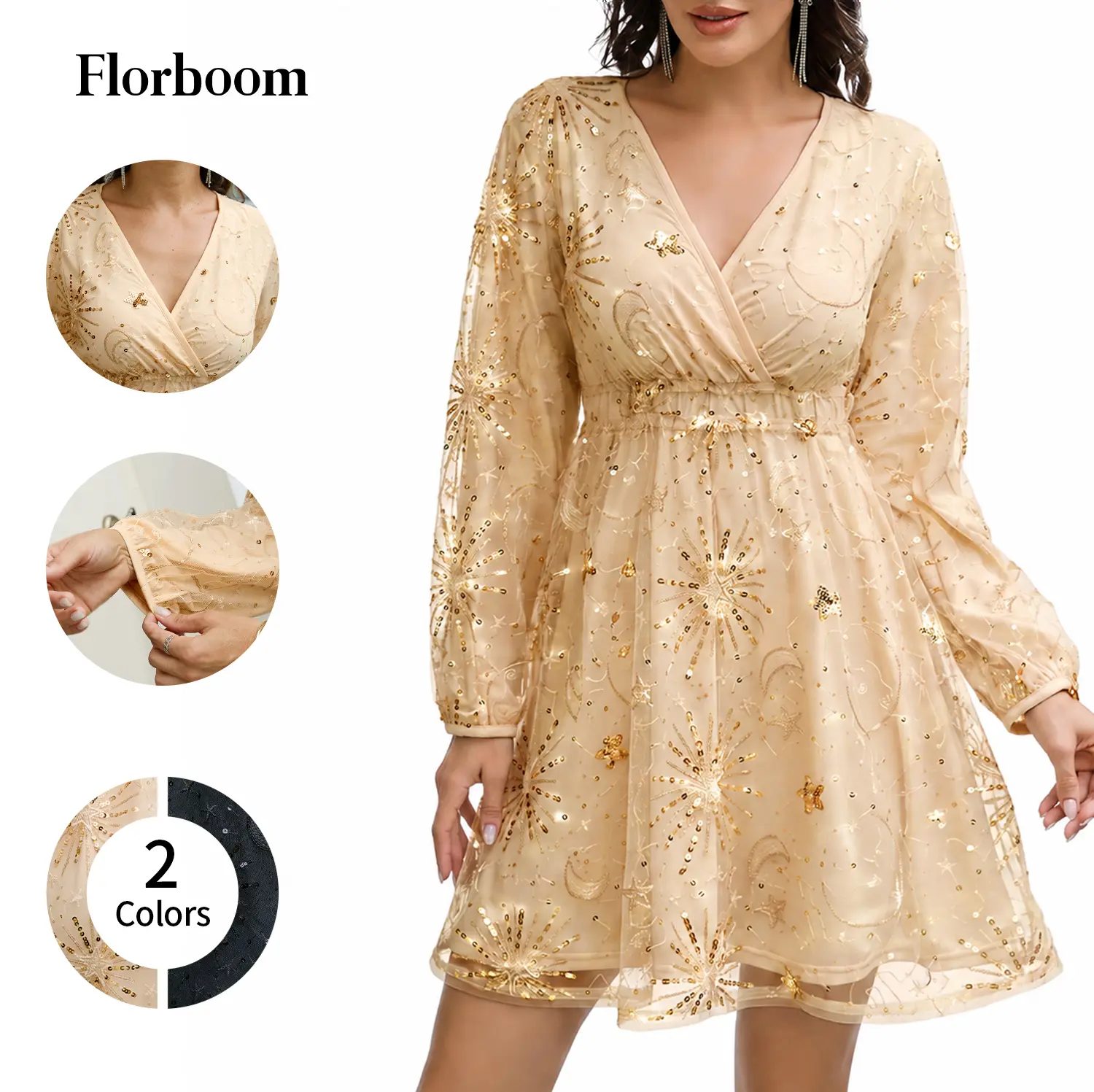 Florboom Women's V-Neck Sequin Embroidered Boho Dress, Sparkly Star Moon Beaded Mesh Party Dress for Wedding Guests, Holidays, Clubs