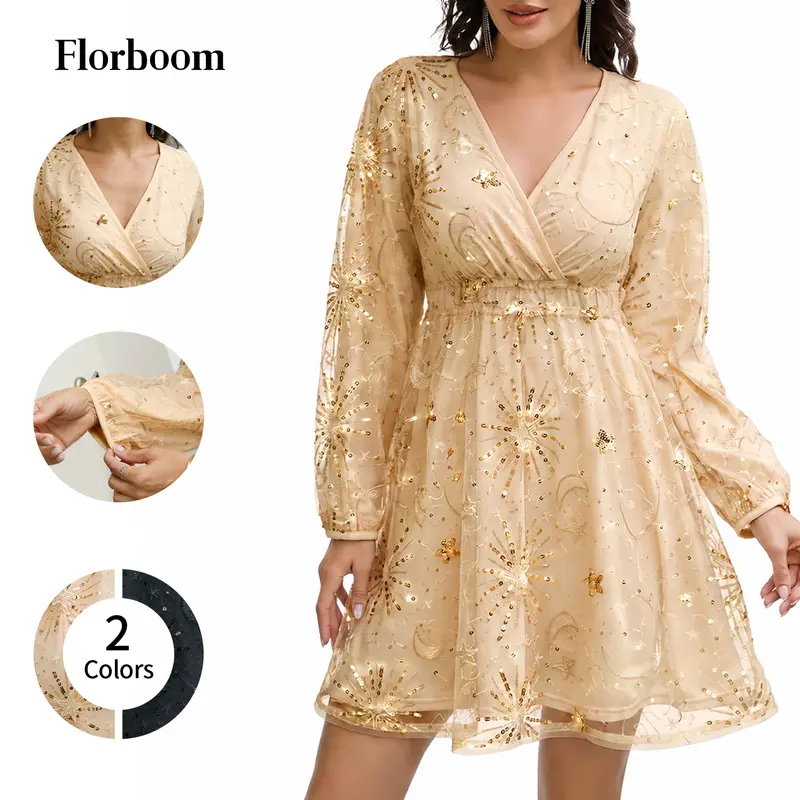 Florboom Women's V-Neck Sequin Embroidered Boho Dress, Sparkly Star Moon Beaded Mesh Party Dress for Wedding Guests, Holidays, Clubs
