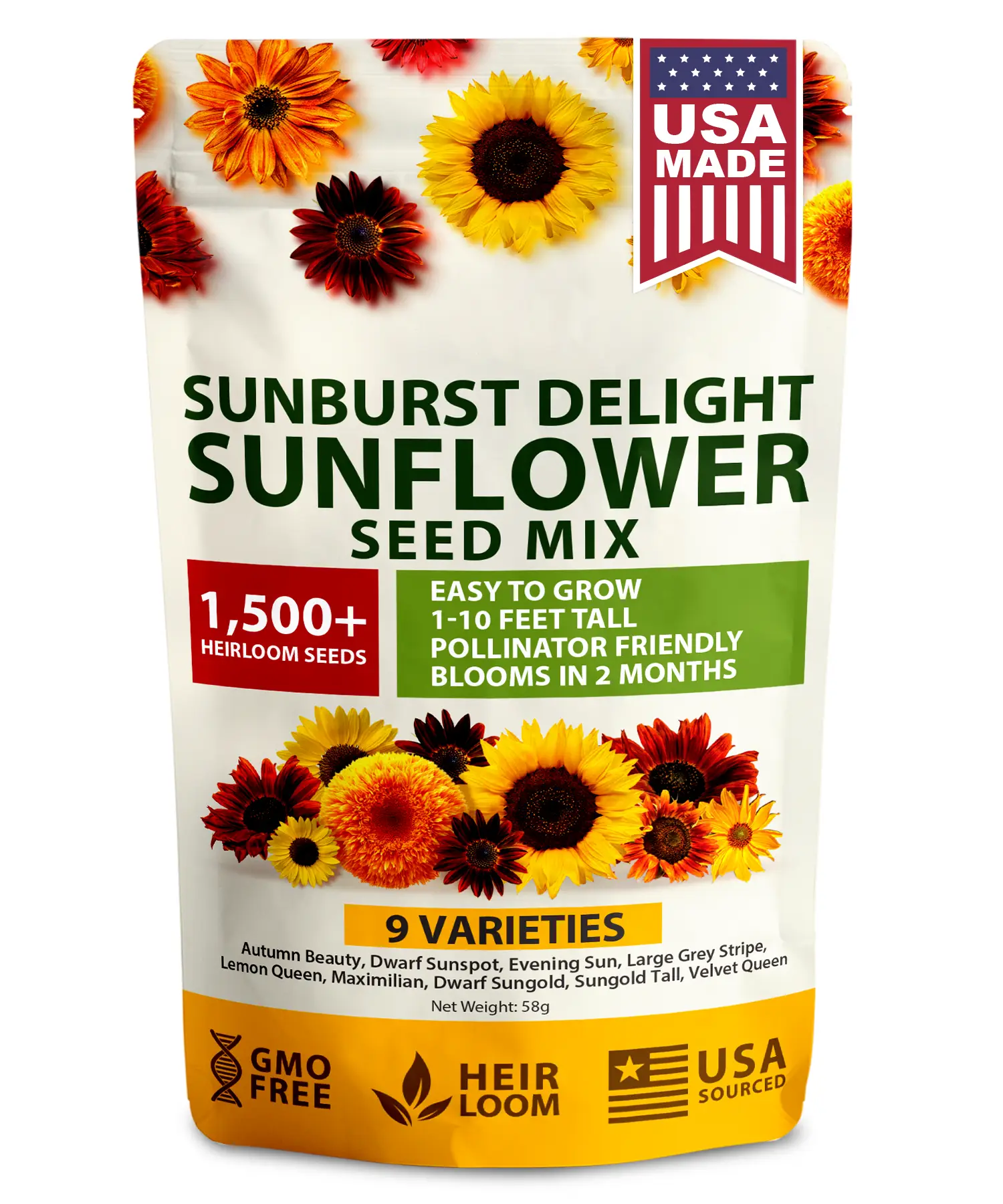 HOME GROWN Sunflower Seeds Mix Pack (1500+) – Colorful Varieties of Sunflower Seeds to Plant - 2-10ft Tall Plants, Pollinator Friendly