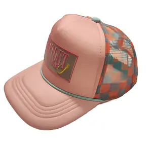 Buftout Fishing Gear Pink-Green/Orange Checkered Meshback Rope Trucker Hat Adjustable Snapback Closure Breathable Mesh Back Panels Durable Cotton & Polyester Construction