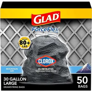 Glad Large 30 Gallon Trash Bags, Clorox Mountain Air Heavy Duty Garbage Bags, Forceflex with Drawstring, 50 Count (Packaging May Vary)