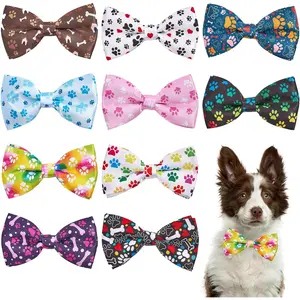 PET SHOW 10pcs Paw Pattern Large Dog Bow Ties for Medium Big Detachable Dogs Bowties with Elastic Bands Attach to Collar Pet Grooming Collar Attachment Accessories