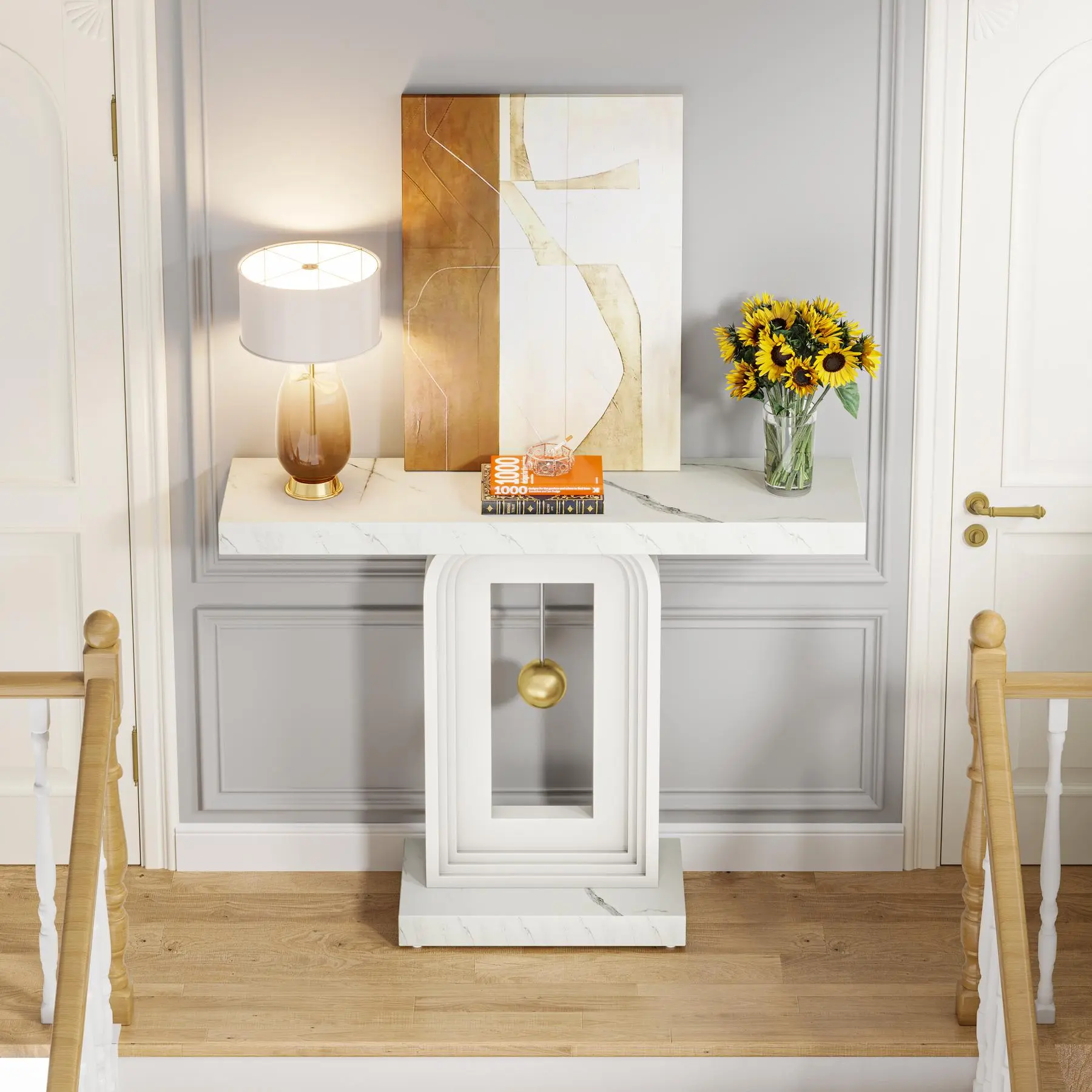 TRIBEWOOD Modern Console Table, 40 Inches Narrow Sofa Entryway Table with Pendulum Shape Base, Contemporary Marble Accent Table for Living Room Hallway Entrance