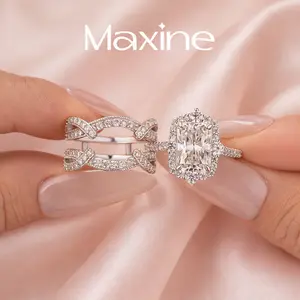 MAXINEJEWELRY 7x10mm Certified D-Color Radiant Cut Synthetic Moissanite Wedding Ring Set, Matching Pair Engagement Ring with Moissanite Jacket Band, Travel-Friendly Trendy Artificial Gemstone Jewelry
