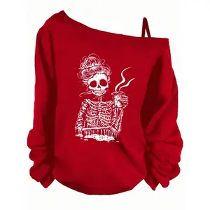 Women’s hooded one-shoulder long-sleeve T-shirt, campus girl style, casual and fashionable, Halloween pattern, a great fit, suitable for all seasons GARMENTARY