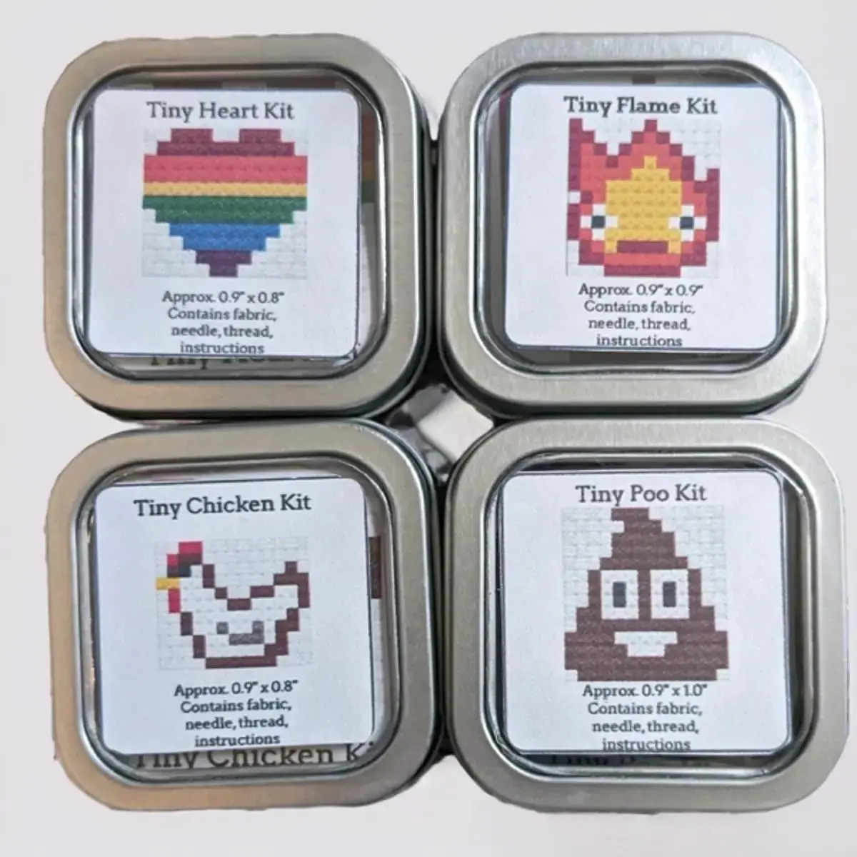 Tiny Cross Stitch Kits in a tin - heart, chicken, flame, or poop emoji
