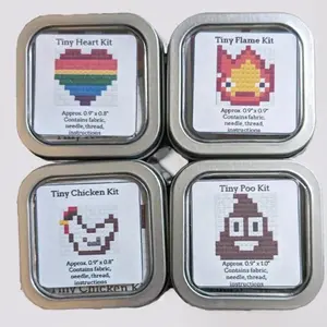 Tiny Cross Stitch Kits in a tin - heart, chicken, flame, or poop emoji