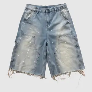 Men's High Cotton Y2K Paint Splatter Carpenter Denim Shorts, Retro Light Blue Washed Baggy Jorts with Raw Frayed Hem & Multi-Pocket, Grunge Streetwear Casual Jean Shorts for Men