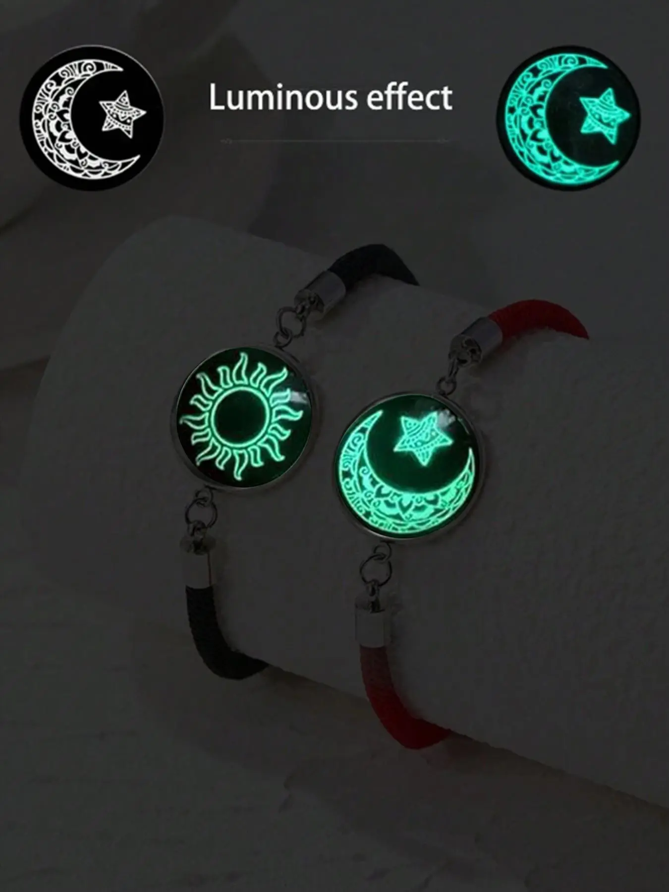 2 Pcs Glow In Dark Sun Moon Couple Bracelets Red Black Rope Bracelet Set For Lovers Valentines Day Gift Fashionable Couple Bracelet
