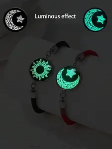 2 Pcs Glow In Dark Sun Moon Couple Bracelets Red Black Rope Bracelet Set For Lovers Valentines Day Gift