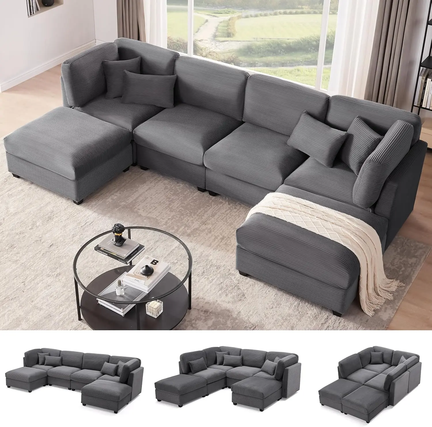 【6-7 Packages】123 Inch Oversized Corduroy Modular Sectional Sofa, U Shaped Modular Couch with Storage, 5 Seat Convertible Corduroy Couch, Comfy Sectional Couches for Living Room with Memory Foam