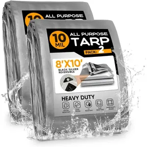 2 Pack Heavy Duty 8x10ft 10mil Thick Waterproof Poly Tarps, with Grommets and Reinforced Edges, All-Purpose Cover for Firewood, Roof, Pool