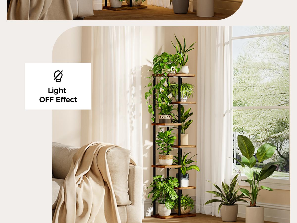 Bamworld Rustic Acacia Wood & Metal 7-Tier Plant Stand with Lights, Ambient Lighting for Indoor Plants, Home Decor Corner Rack for Living Room, Wooden Plant Stand
