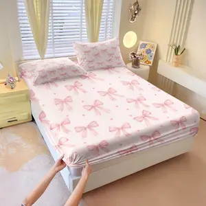 Light-colored, multi-shaped pink bow-knot printed fitted Sheet Set, Bed Sheets Set, Bed linens, 1 Fitted Sheet & 2 Pillowcases without Filler, Instagram princess style, soft and comfortable, good gift for friend or children