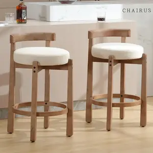 Mother's Day Gifts Mid Century Counter Height Barstools, 26.5" Counter Stools with Back, Linen Upholstered Barstools with Solid Wood Legs, Round Low Back Kitchen Stools with Footrest for Kitchen Island Dining Room, Beige