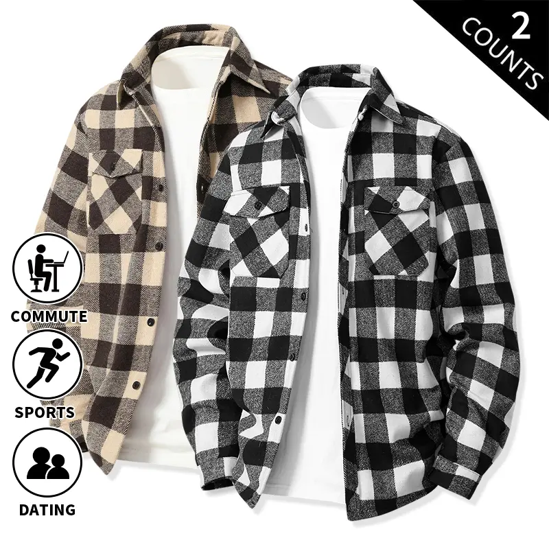 Men’s 2-Pack Buffalo Plaid Long Sleeve Button-Down Shirts – Casual Loose Checkered Shirt Jackets with Chest Pockets, Lightweight Shackets