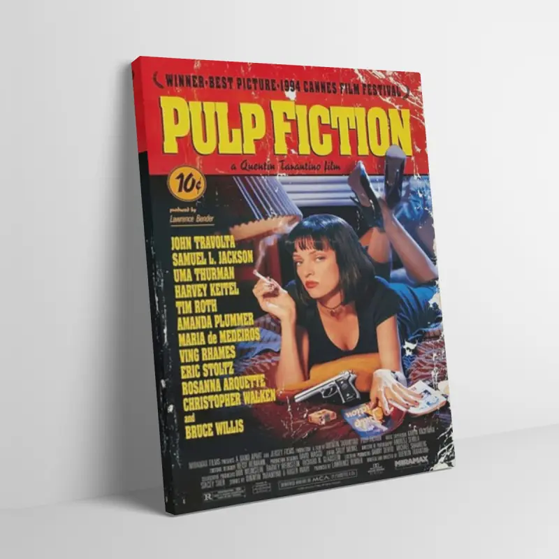 Wooden Framed Canvas Painting, Pulp Fiction Classic Movie Poster, Mid-century Modern Black Flash Style, Uma Thurman Iconic Scene, Adult Fans Room Decor, Cult Quentin Tarantino Film Artwork Ready to Hang