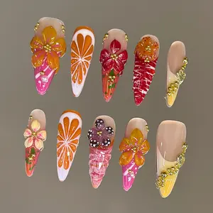 NailVesta CITRUS DAISY – 100% Handcrafted 3D Press-On Nails | Reusable, Long-Lasting, Salon-Quality black lace nail art nail art
