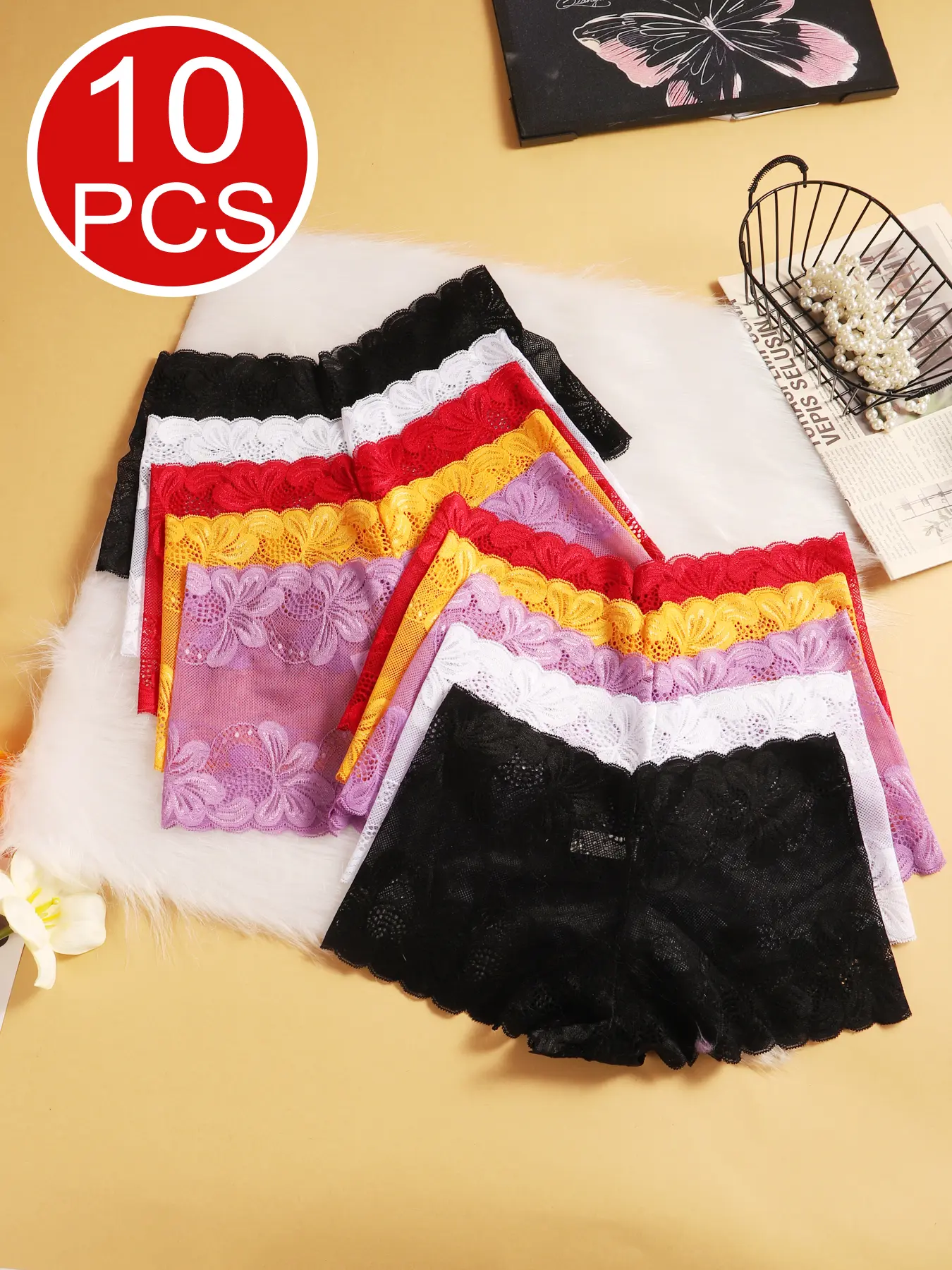 Women's Preppy Chic Cute Seamless Panties - 10-Piece Mixed Color Plain, Polyamide Mix, Airy Lace Fabric Floral Patchwork, Breathable Close-Fitting, Daily Wear, S-XXL