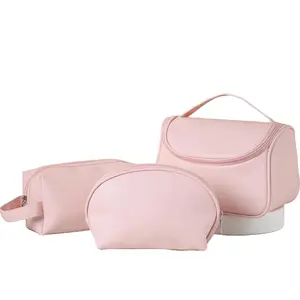 3 Pieces Travel Cosmetic Bags, Makeup Bag Set of 3, Portable Zipper Makeup, PU Leather Waterproof Toiletry Bag 3 Piece Set, Light Pink