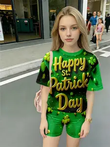 Girls St. Patrick's Day 3D Golden Text All-Over Print Set, Trendy Festive Style Casual Outfit