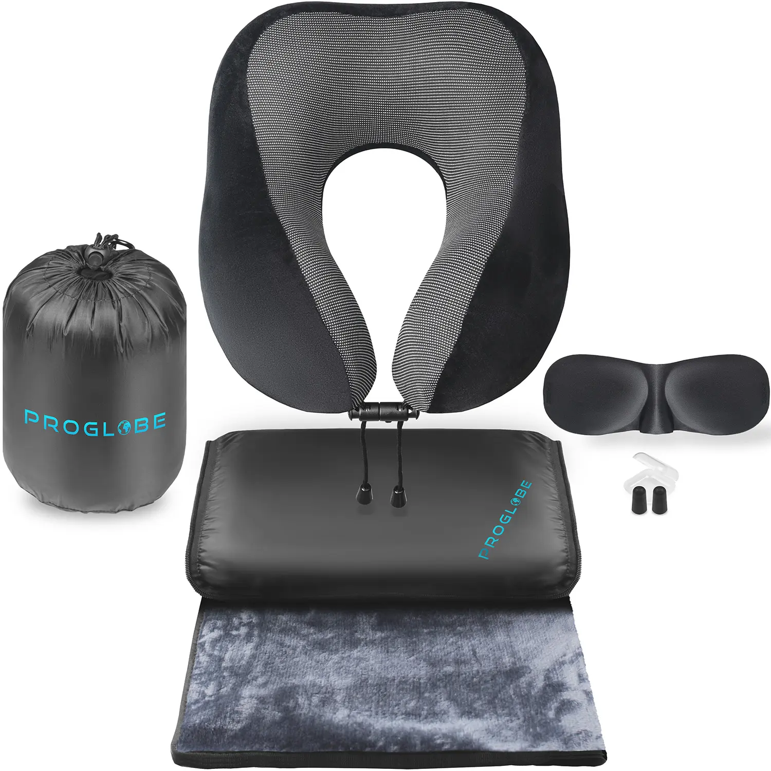 Proglobe Luxury 4-in-1 Travel Set: Memory Foam Neck Pillow, Super Soft Fleece Blanket, 3D Sleep Mask & Earplugs - Neatly Packed into one Compact Piece