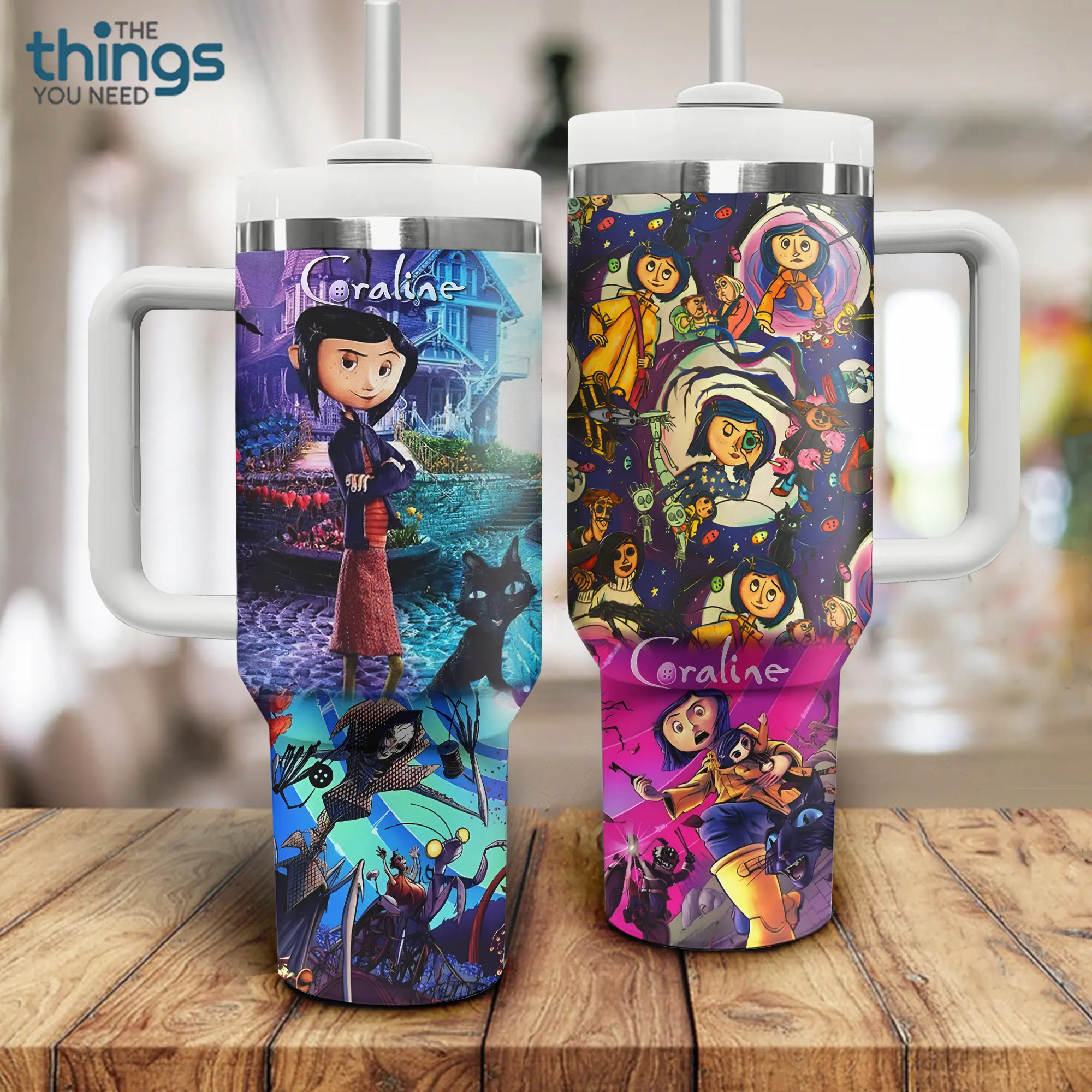 Purple Coraline <3 20oz - 40oz Tumbler Stainless Steel with Straw, Double Wall Insulated, With Handle – Epic Cartoon Movies Series Design, Perfect Gift for Fans