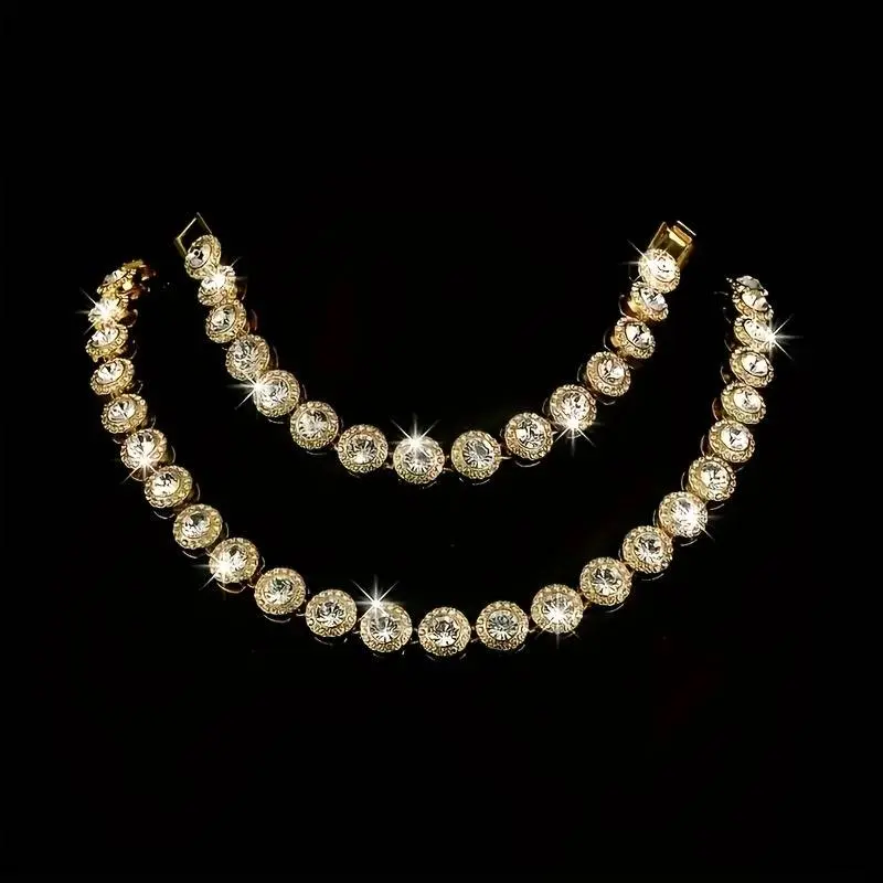 2pcs Round-shaped Hip-hop Cuban Chain Necklace And Bracelet Set, Suitable for Daily And Formal Occasions. Gifts for Her, Birthday And Anniversary Fashion Accessories, Multi-functional Accessories, Rhinestone Embellishments, Exquisite Craftsmanship