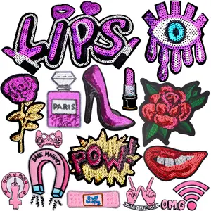 16pcs Purple Iron on Patches Glitter Sequins Lips Lipstick High Heel Rose Pink Themed Sew on Embroidered Applique Clothing Repair Patch for Women Garment Handbags Hats DIY Decor
