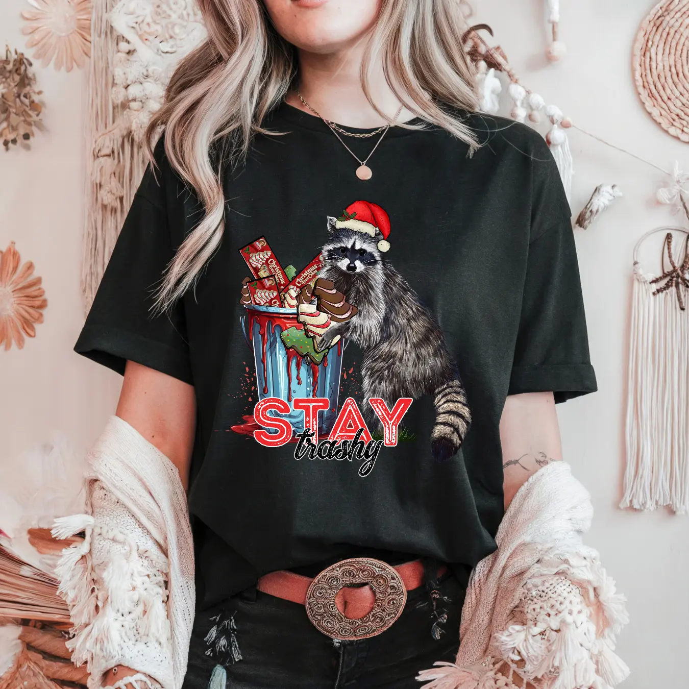 HickChicDesignCo LLC D. Stay Trashy Raccoon  T Shirt Streetwear Round Neck Women Womenswear Casual Comfortable Cotton christmas shirt Light T-Shirt