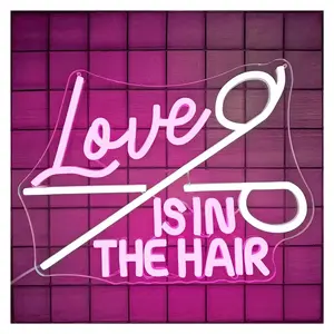 Sign Illuminated "Love Is In The Hair" LED Neon Sign Hair Salon For Wall Decor Light Barbers Business Store Beauty Shop 24.5cm×32.7cm Sign Lamp