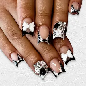 French Tip Press-On Nails – 24Pcs Short Square Fake Nails with Bows, Zebra Print, Flowers & Rhinestones, Stick-On Cute Nail Art for Women mom gift