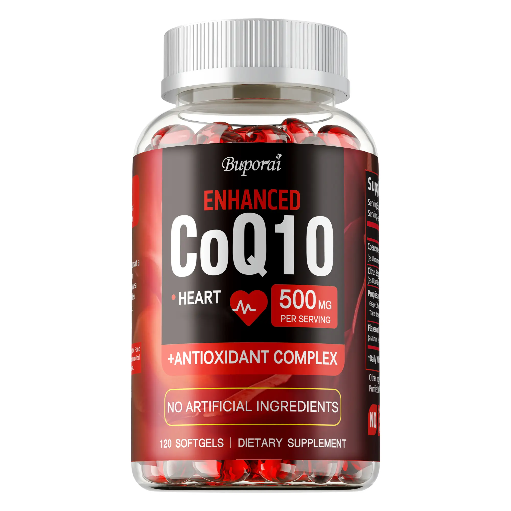 Buporai Edible Dietary Coenzyme Q10 Supplements - 120 Soft Capsules with Antioxidant Complexes, Bergamot, Flaxseed Oil for Heart Health Support, Edible Supplements