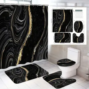 4pcs Elegant and Gold Bathroom Decor Set, Fluid Marble Shower Curtain, Matching Bath Mats & Toilet Seat Cover, The floor mat fabric is thicker and softer! Perfect for Holiday Refresh and Seasonal Style