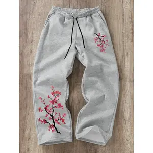 Trendy Japanese Aesthetic Cherry Blossom Print Sweatpants, Oversized Wide-leg Adjustable Drawstring Joggers, Heathered Grey Cozy Everyday Wear, Casual Pants, Essential for Edgy Street & Campus Outfits