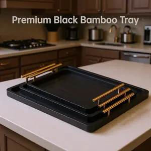 Premium Black Bamboo Storage Tray, Full Bamboo Teacup Tray, Household with Exquisite Metal Handles, Kitchen Breakfast Tray