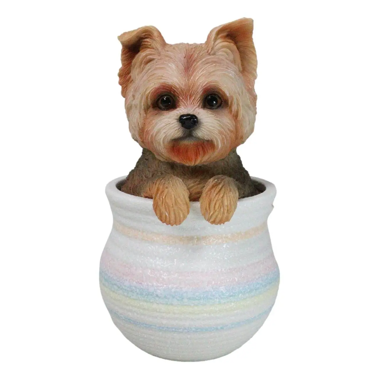 Colorful Handcrafted Yorkie Yorkshire Terrier Teacup Puppy Dog Figurine, Glass Eyes, Pup in Pot, Home Decor Ornament for Home Supplies Statues & Figurines Collection