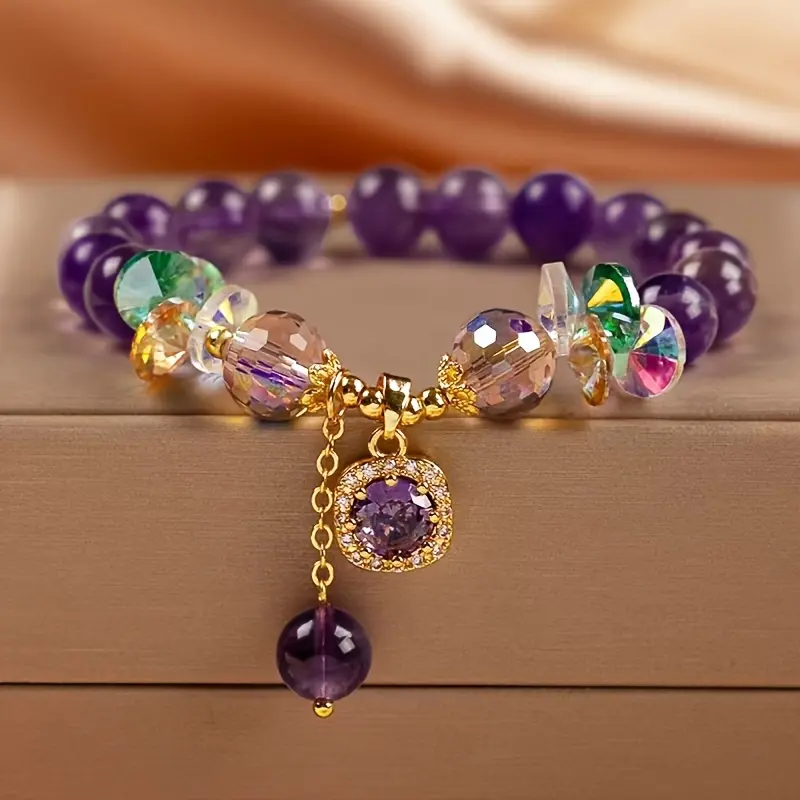 Purple Imitation Crystal Beaded Stretch Bracelet, Elegant Wrist Bracelet for Women, Gift for Girlfriend & Best Friend