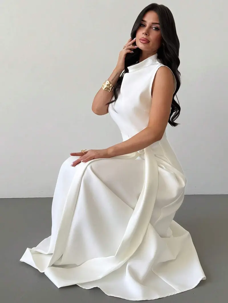 shoulder ruffle hem slit front dress white - TikTok Shop