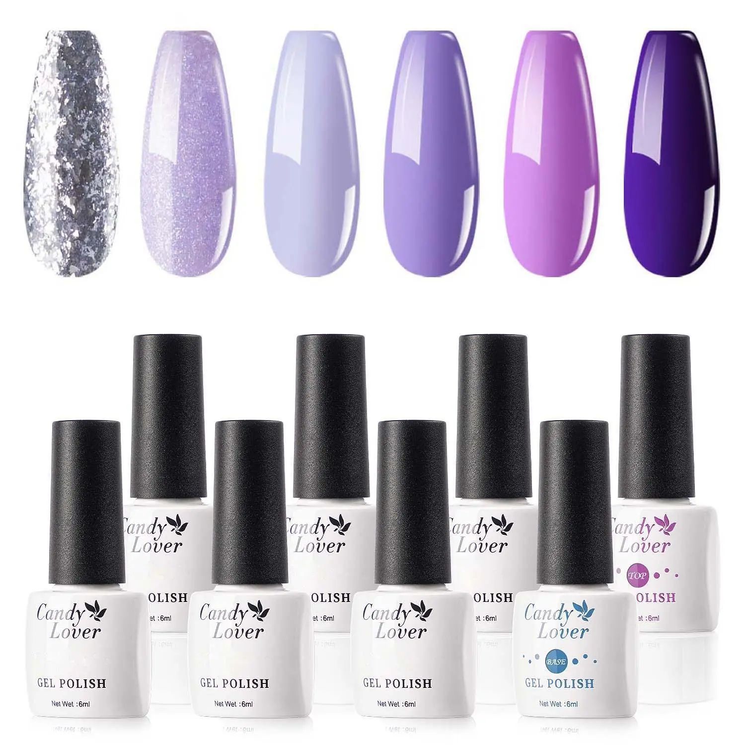 Lavender Gel Nail Polish Set for Candy Lovers - 6 Purple Pastel Colors, Smooth UV Manicure Nail Art Base & Top Coat, Wipeable Gift Box, Glossy