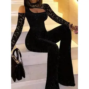 Women’s sexy high-neck off-shoulder jumpsuit with lace detail, glitter solid color, knit fabric, polyester 97% spandex 3%, spring/fall season, adult size women’s overalls