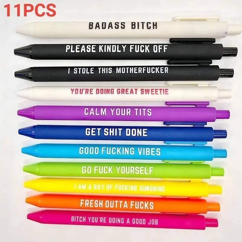 Daily Swear Word Pattern Ballpoint Pen Set, 11-Piece Funny Teacher Glitter Pens, Novelty Writing Pens for Office, School and Students, Humorous Office Gift, Writing Stationery, Writing Tools